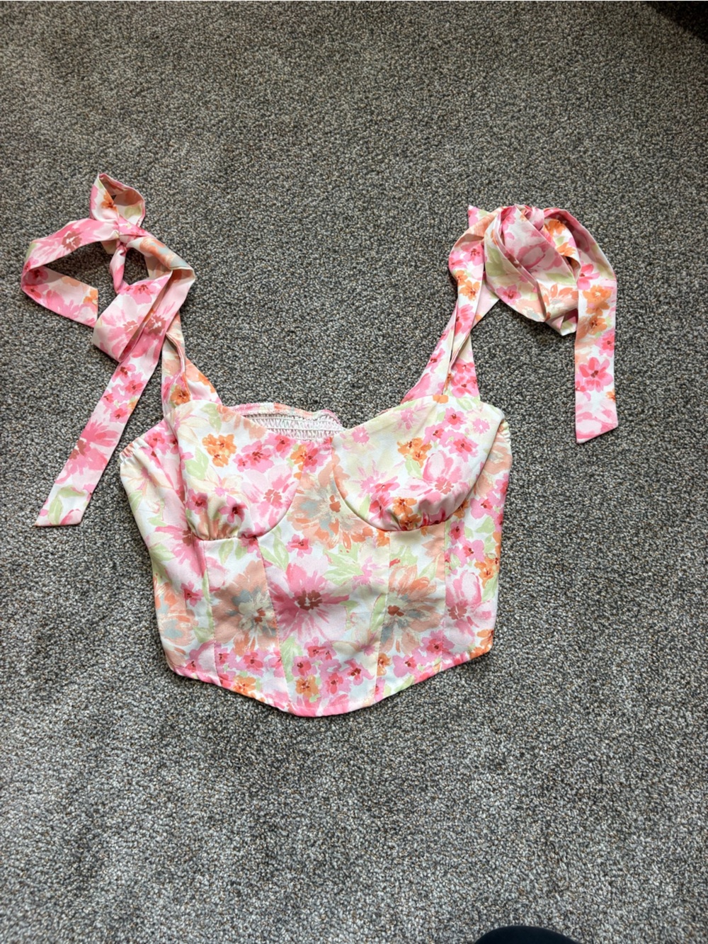 SHEIN Pink Multi Floral Tie-Shoulder Bustier Tank Top